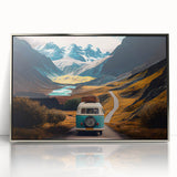 Art deco poster of a vintage caravan in silver and gray tones, acrylic print framed, suitable for nursery wall art.