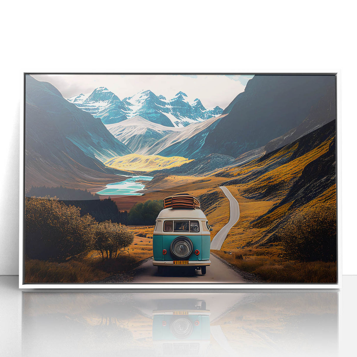 Mid-century modernist style caravan depicted in vibrant colors on a white-framed acrylic print.