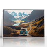 Mid-century modernist style caravan depicted in vibrant colors on a white-framed acrylic print.