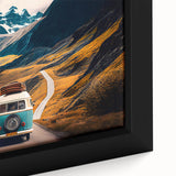 Extra large framed canvas featuring a textured, colorful caravan design on a black background, ideal for living room decor.