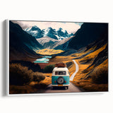 Framed canvas depicting a vintage caravan in a landscape, with muted earth tones, ideal for bedroom wall art.