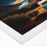 Art deco poster of a vintage caravan in monochrome shades on rolled canvas, suitable for dining room decor.