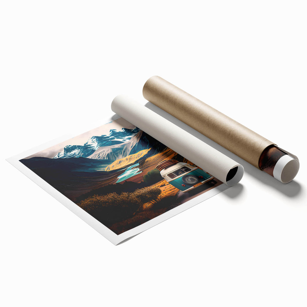 Extra large rolled print featuring a vintage caravan in soft pastel shades, ideal for classy bathroom wall art.