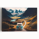 Black and white photo of a vintage caravan on stretched canvas, suitable for kitchen wall art.