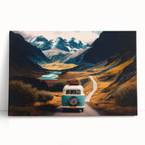 Black and white photograph of a caravan on stretched canvas, suitable for kitchen or bedroom decor.