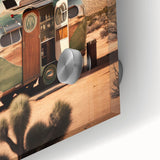 Large abstract wall art of a caravan in muted earth tones on acrylic glass, ideal for dining room art.