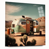 Side view of a caravan depicted in large abstract wall art on acrylic glass, featuring muted earth tones.