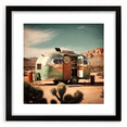 Extra large abstract art print featuring a colorful, textured caravan design on a black framed canvas.