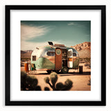 Extra large abstract art print featuring a colorful, textured caravan design on a black framed canvas.