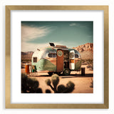 Textured abstract art print of a caravan in muted earth tones, framed in gold, ideal for bedroom wall decor.