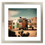 Abstract art print of a caravan in muted earth tones on a framed silver mat, ideal for dining room decor.