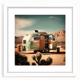 Extra large abstract art print of a caravan in textured shades of gray and white, framed with a white mat.