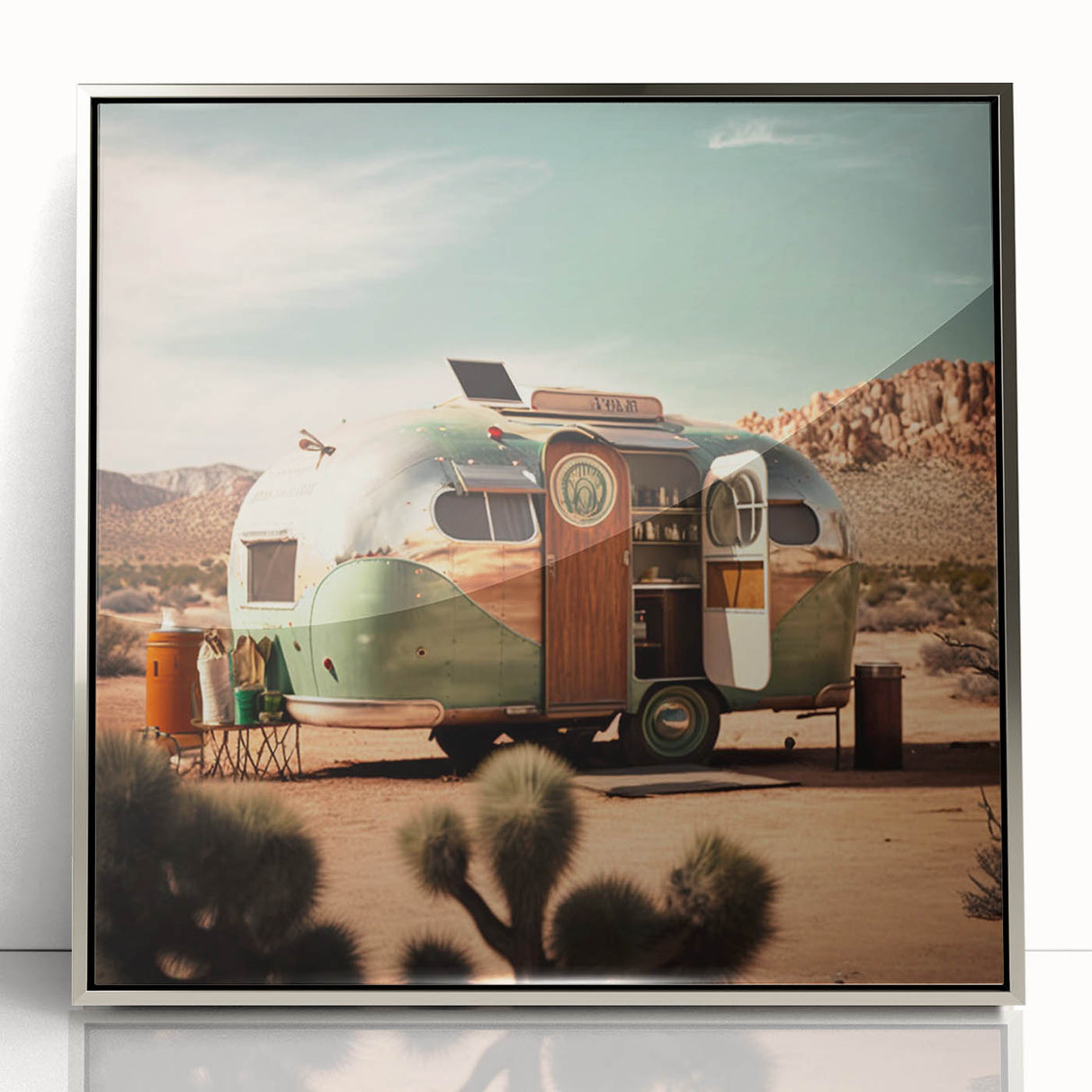 Art deco poster of a vintage caravan in silver, framed acrylic format, suitable for modern nursery wall art.
