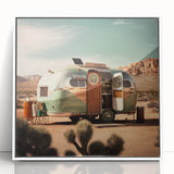 Mid-century modernist style caravan depicted in muted colors on a large acrylic print, suitable for nursery wall decor.