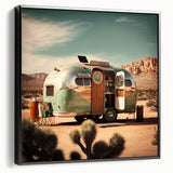 Black and white wall art featuring a vintage caravan landscape on framed canvas, ideal for bedroom decor.