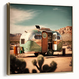 Landscape art painting featuring a vintage caravan in black with colorful background on a framed canvas.