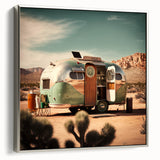 Vintage poster art of a colorful caravan on black background, framed canvas, ideal for living room decor.