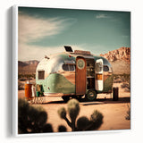 Framed canvas featuring a vintage caravan in black and white, ideal for bedroom wall art with a retro vibe.