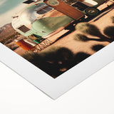 Art deco poster featuring a vintage caravan in muted earth tones on rolled canvas.