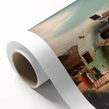 Art Deco style poster of a vintage caravan in muted pastel colors on rolled canvas, ideal for nursery wall art.