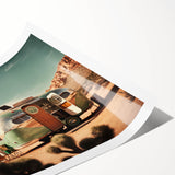 Extra large rolled print featuring line art flowers and a caravan, in black and white, ideal for large living room wall art.