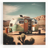 Black and white illustration of a caravan on stretched canvas, suitable for kitchen wall art.
