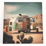 Black and white stretched canvas depicting a vintage caravan, ideal for kitchen wall art or bedroom.