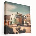 Side view of a vintage caravan in muted earth tones on a large stretched canvas, ideal for kitchen wall art.