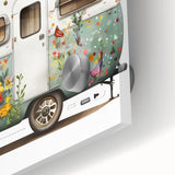 Large abstract wall art featuring a mid-century modernist caravan design in muted earth tones on acrylic glass.