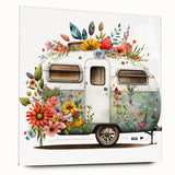 Side view of a caravan depicted in large abstract style on acrylic glass, featuring muted earth tones.