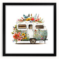 Abstract art print of a colorful caravan in textured style on a large canvas, framed in black, ideal for living room decor.