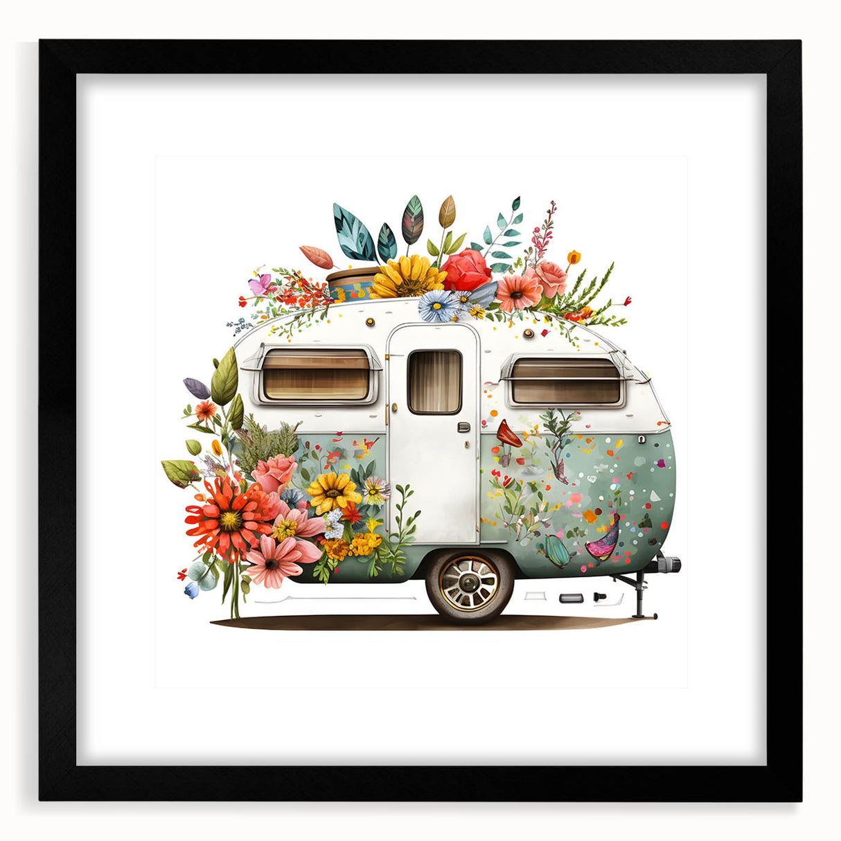 Abstract art print of a colorful caravan in textured style on a large canvas, framed in black, ideal for living room decor.