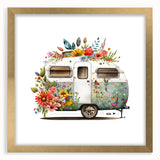 Textured art print of a caravan in abstract style, featuring earthy brown and beige tones, framed in gold.