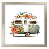 Abstract art print of a caravan in silver frame, using cool gray and blue tones, ideal for dining room decor.
