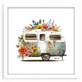 Extra large abstract art print of a caravan in textured grays and whites, framed in white, ideal for living room decor.