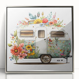 Art deco style caravan depicted in monochrome shades on a framed acrylic, suitable for modern nursery decor.
