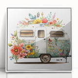 Mid-century modernist caravan depicted in soft pastel colors on a white framed acrylic, suitable for nursery wall art.