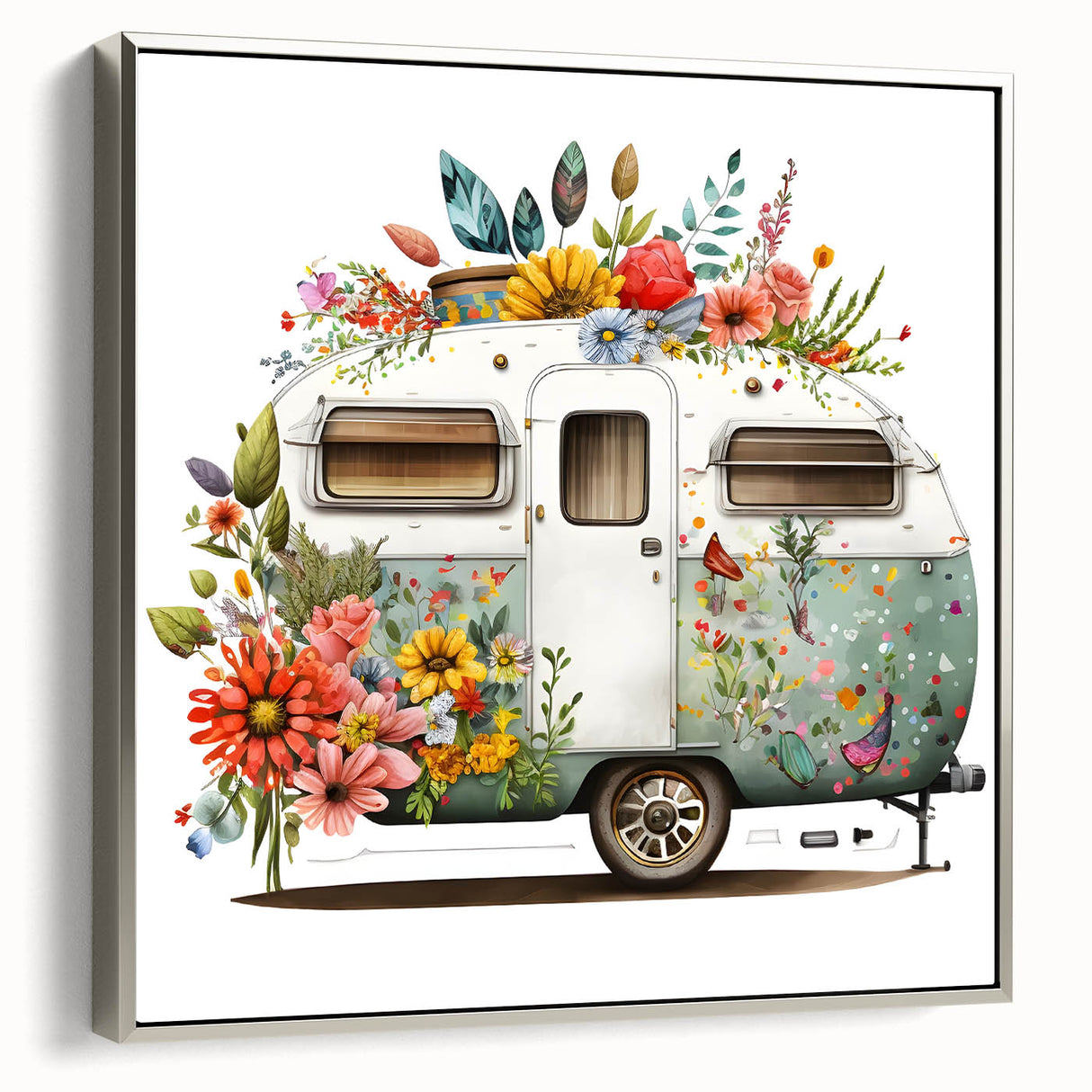 Vintage poster art of a silver caravan on black canvas, highlighted with colorful accents, ideal for living room decor.