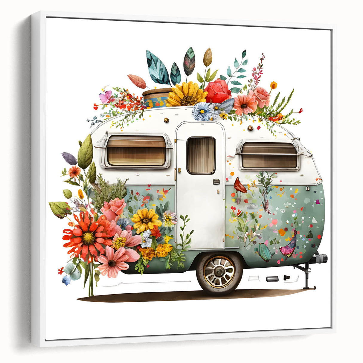Framed canvas featuring a vintage caravan in a landscape setting, with muted black and gray tones.