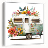 Framed canvas featuring a vintage caravan in a landscape setting, with muted black and gray tones.