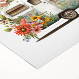 Art deco poster featuring a vintage caravan in muted earth tones on rolled canvas, suitable for dining room wall art.