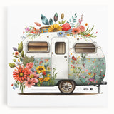 Black and white photo of a caravan on stretched canvas, ideal for kitchen wall art.