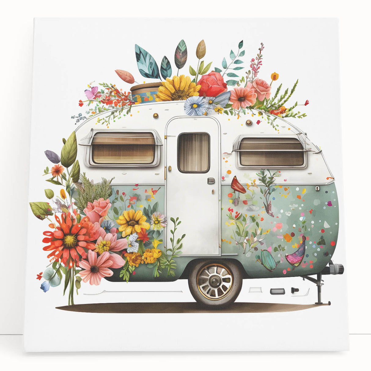 Black and white stretched canvas showing a vintage caravan, ideal for kitchen wall art or bedroom decor.