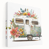 Colorful caravan illustration on stretched canvas, suitable for kitchen wall art with vibrant hues and a minimalist design.