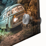 Mid-century modernist caravan in muted earth tones on acrylic glass, suitable for dining room art.