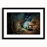 Extra large abstract art print featuring colorful, textured caravan designs on a black framed canvas.