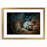 Textured abstract art print of a caravan, in muted earth tones on a framed canvas, suitable for bedroom decor.
