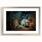 Abstract art print featuring a caravan in muted earth tones on a framed silver mat, ideal for dining room decor.