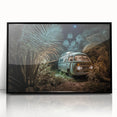 Large abstract wall art featuring a caravan in mid-century modernist style, muted earth tones, framed in black acrylic.