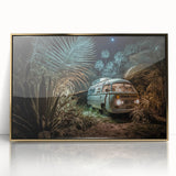 Mid-century modernist art featuring a caravan in muted earth tones on a framed acrylic, ideal for nursery wall decor.